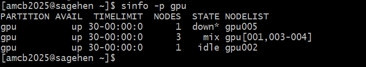 Terminal output of sinfo -p gpu on Sagehen HPC listing the gpu partition with a 30-day time limit and its GPU nodes, showing their current allocation state.