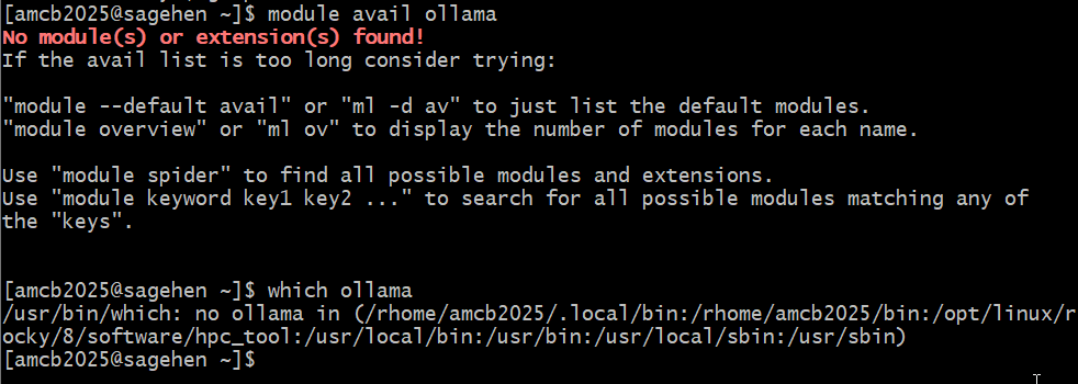 Terminal on Sagehen HPC. module avail ollama returns no modules found, which ollama reports no ollama in any of the PATH directories, and piping the Ollama install script to shell fails because the user is not in the sudoers file.