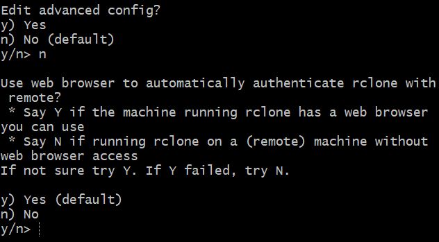 Terminal showing the rclone Box setup wizard. The Edit advanced config question has been answered n. rclone then asks whether to use a web browser to automatically authenticate, explaining to say N if rclone runs on a remote machine without browser access. The y/n prompt is waiting for input.