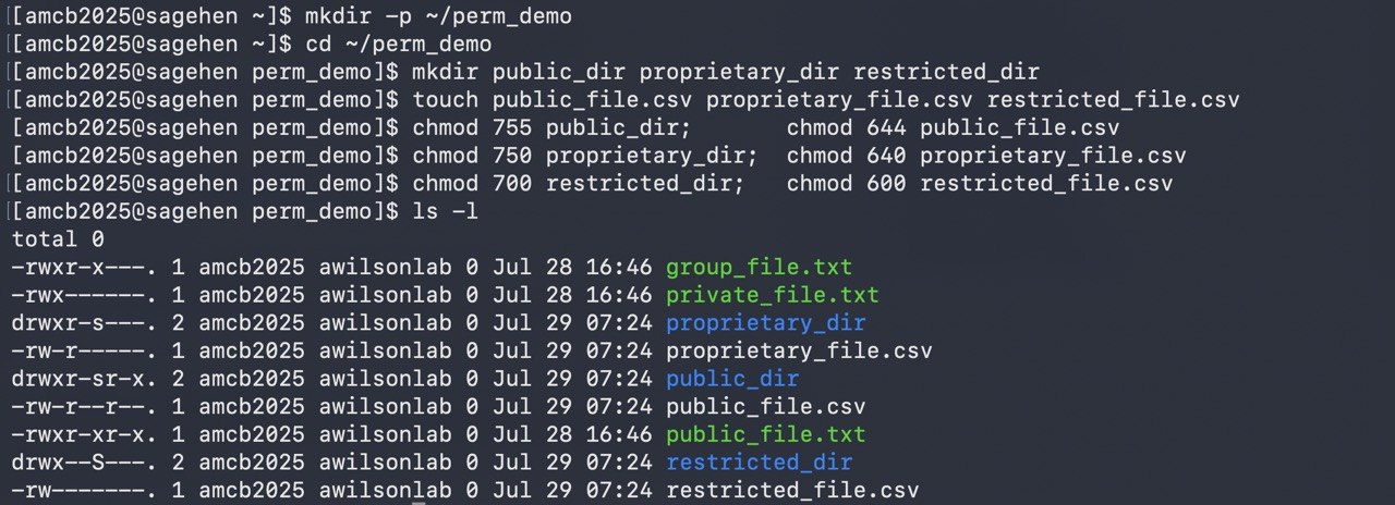 A terminal creating three directories and three CSV files, one per classification tier, and applying paired chmod commands: 755 and 644 for public, 750 and 640 for proprietary, 700 and 600 for restricted. The ls -l listing shows the resulting permission strings, with the directories carrying an inherited setgid bit.