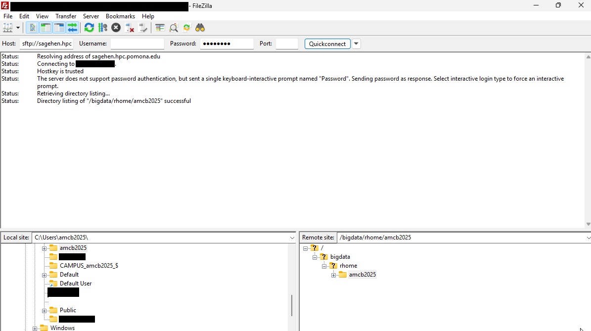 The FileZilla client connected to sagehen.hpc.pomona.edu over SFTP. The status log confirms the hostkey is trusted and the remote directory listing succeeded. The window is split into a local Windows file tree on the left and the remote Sagehen directory tree on the right.