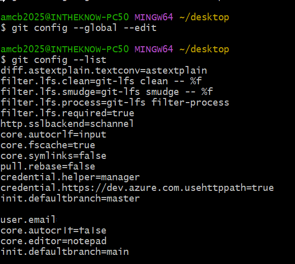 Terminal output of git config list in Git Bash. The list includes system-level entries such as Git LFS filters and the credential manager, followed by the configured core.autocrlf false, core.editor notepad, and init.defaultbranch main. The variable init.defaultbranch appears twice, once as master and once as main, illustrating override order.