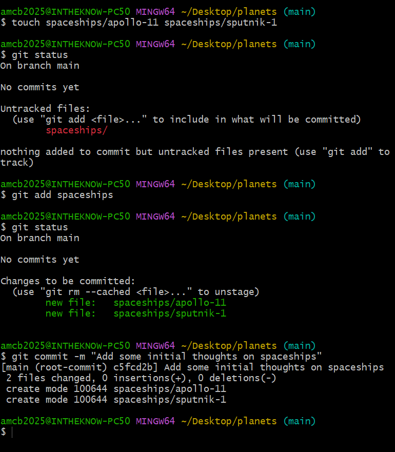 Terminal session in the planets repository. Two files are created inside spaceships with touch; git status lists only the untracked directory. After git add spaceships, git status shows both files staged as new files, and the commit reports two files changed.