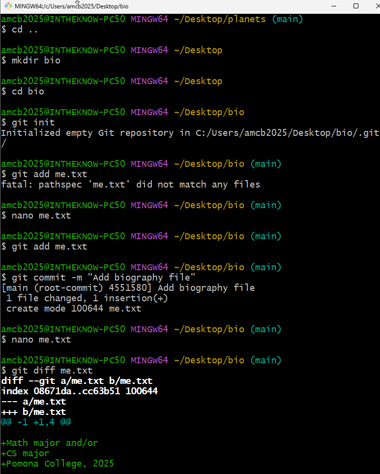 Terminal session creating a new bio repository. git init initializes it; an early git add me.txt fails because the file does not exist yet. After creating and committing me.txt, the file is edited again and git diff shows one modified line and three added lines.