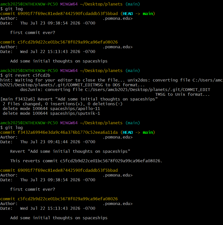 Terminal session demonstrating git revert. An initial git log shows two commits. Running git revert on the spaceships commit opens the editor for the revert message and reports a new commit deleting both spaceship files. A second git log shows the Revert commit at the top with the originals still below it.