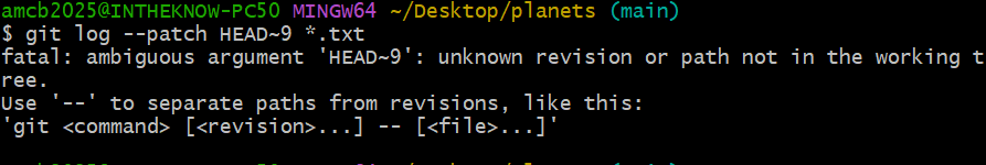 Terminal output where git log patch HEAD tilde 9 star dot txt fails with a fatal ambiguous argument error because the repository has too few commits, and Git suggests using a double dash to separate paths from revisions.