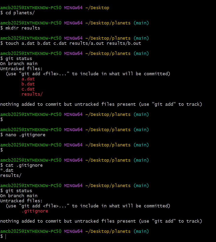 Terminal session in the planets repository. Dummy dat files and a results directory are created and git status lists them all as untracked. A .gitignore containing star dot dat and results slash is created with nano, and a second git status shows only .gitignore as untracked.