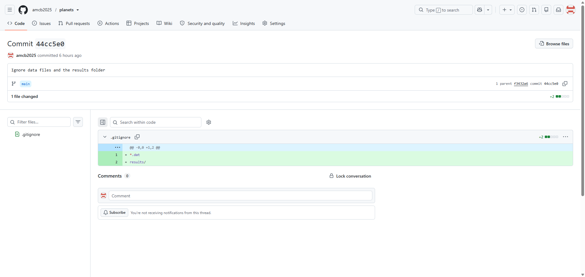 GitHub commit detail page for a repository named planets. The header shows the commit message Ignore data files and the results folder, the main branch badge, the parent commit link, and the abbreviated hash. Below, a diff of .gitignore highlights two added lines in green.