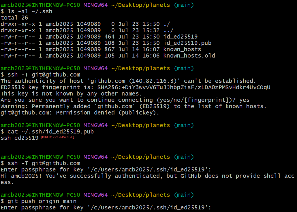 Terminal session verifying SSH access to GitHub. Listing the .ssh directory shows an ed25519 key pair. The first ssh -T attempt asks to confirm the host fingerprint and ends with Permission denied publickey. After the public key is added to GitHub, a second ssh -T prompts for the key passphrase and prints a successful authentication message, and git push begins by asking for the same passphrase.
