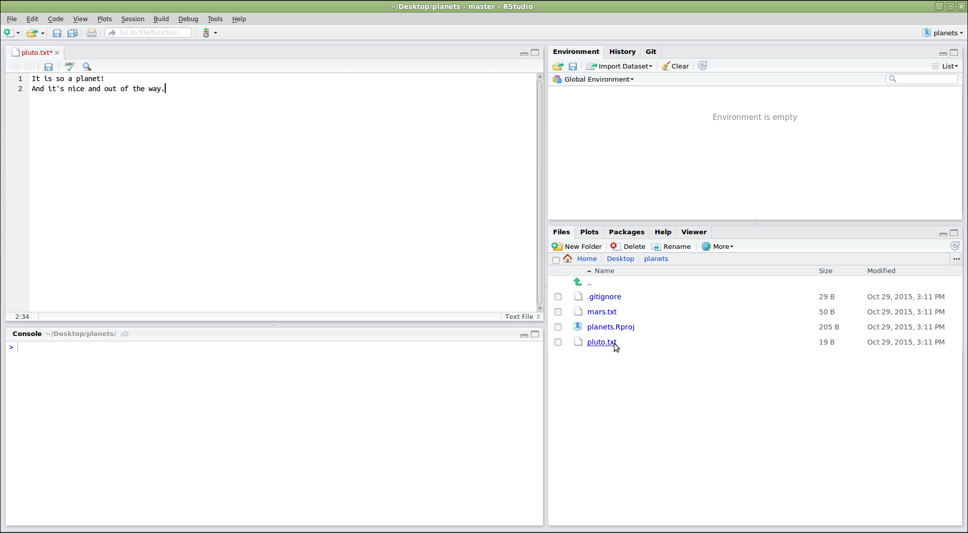 RStudio editor pane with a file from the repository open for editing, and the Git pane showing the modified file