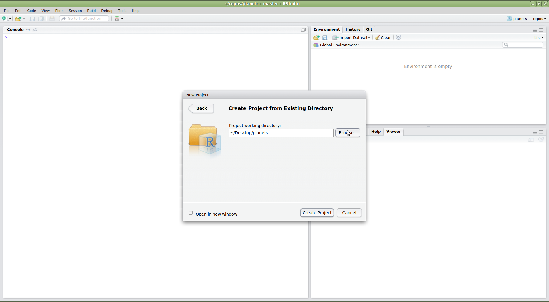 RStudio New Project dialog with the Browse button used to navigate to the existing planets directory
