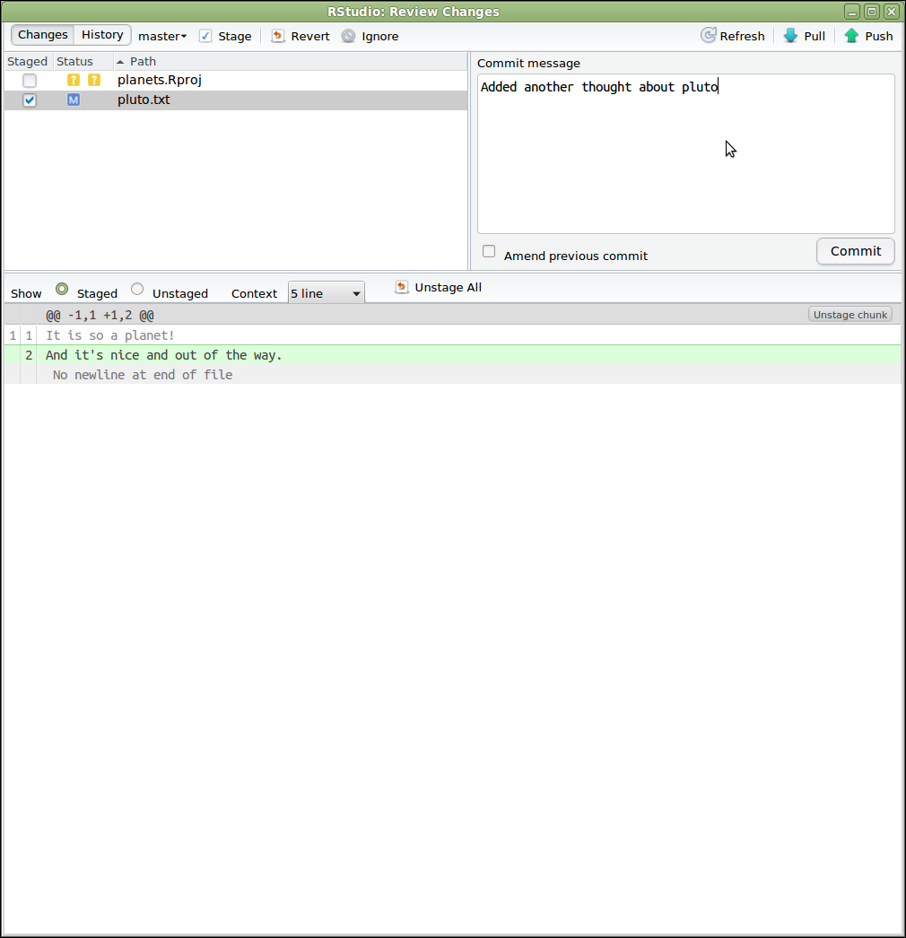 RStudio Review Changes window showing staged files, a commit message box, and a diff of the changes highlighted in green and red