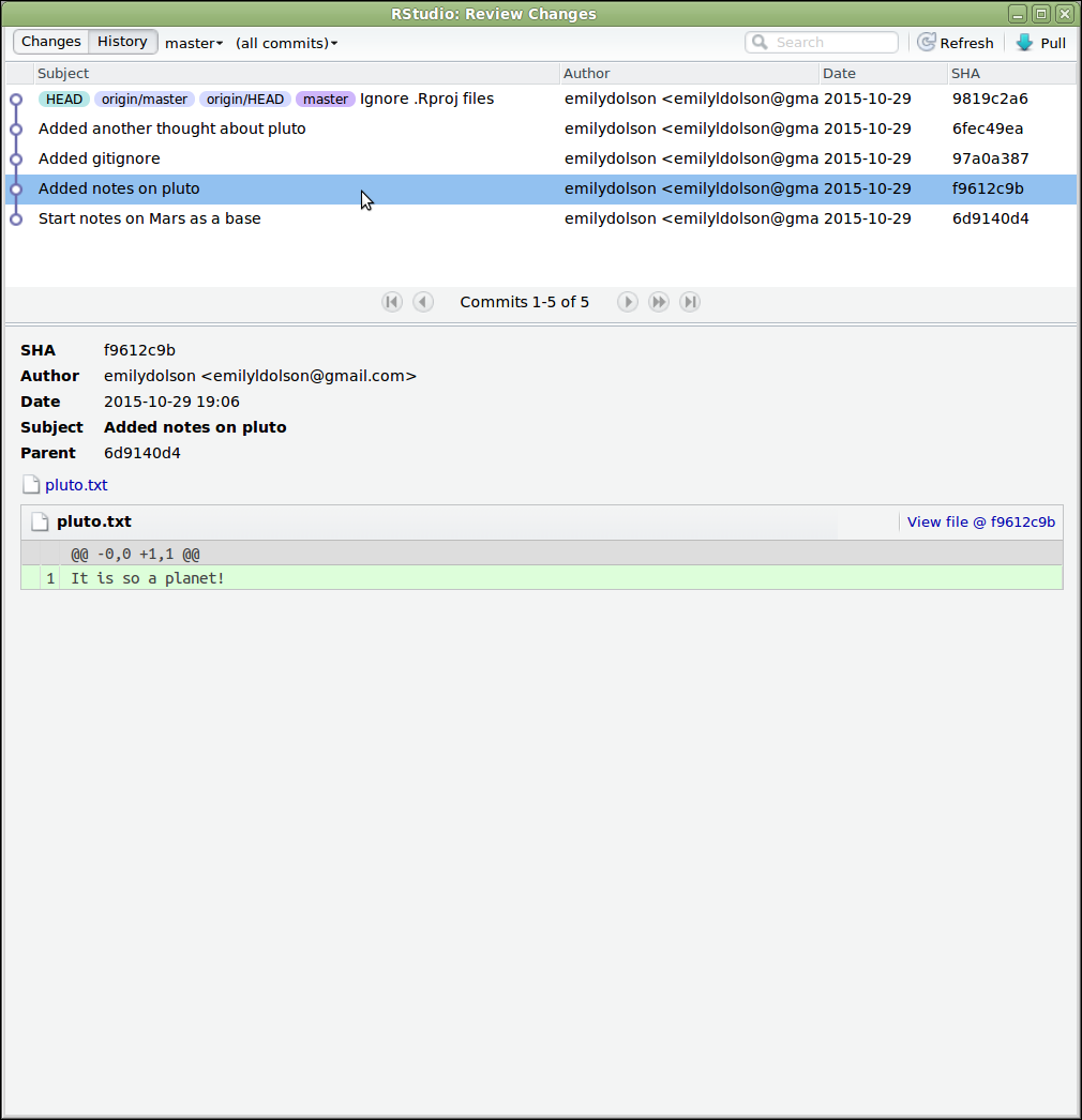 RStudio history window listing past commits with their messages, authors, dates, and SHA identifiers