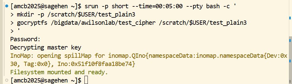 Terminal on Sagehen. An srun command on the short partition opens a five-minute interactive session running a small script that first creates the mountpoint with mkdir -p under /scratch/$USER, then runs gocryptfs against a cipher directory on /bigdata. gocryptfs prompts for a password, reports that it is decrypting the master key, prints an InoMap spillMap line, and finishes with the message that the filesystem is mounted and ready. The shell prompt then returns.