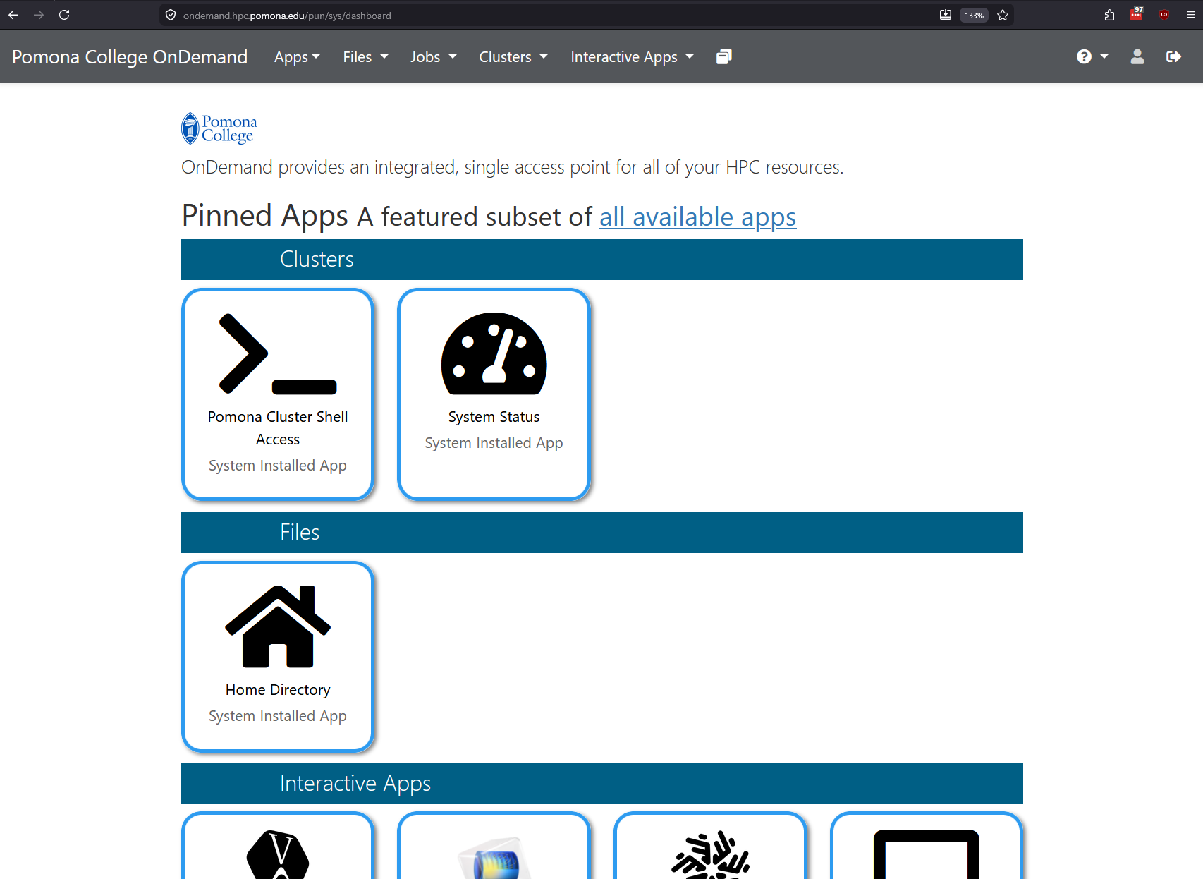Pomona College OnDemand dashboard showing Interactive Apps sidebar with pinned applications