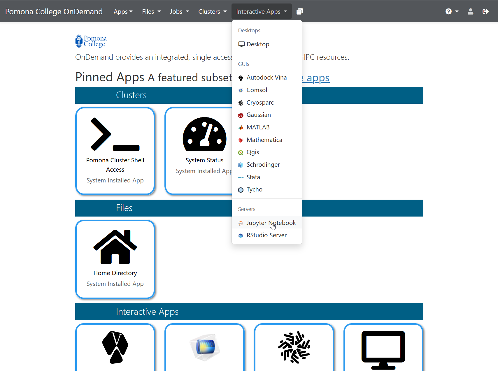 OnDemand Interactive Apps dropdown menu with Jupyter Notebook highlighted among other applications