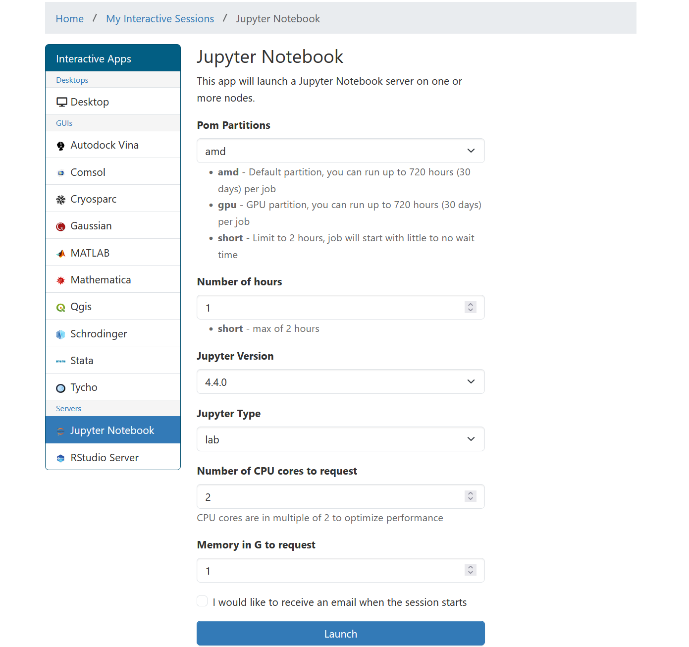 OnDemand Jupyter Notebook launch form with fields for partition, Jupyter version, number of hours, CPU cores, and memory