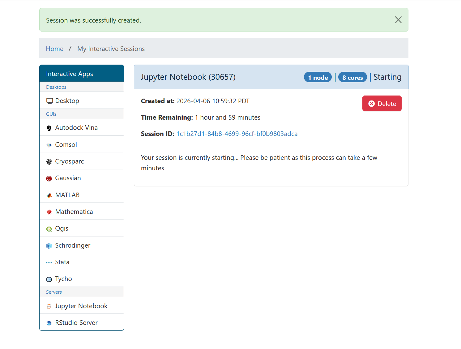 OnDemand session card showing Jupyter Notebook job in Starting state with session details and time remaining