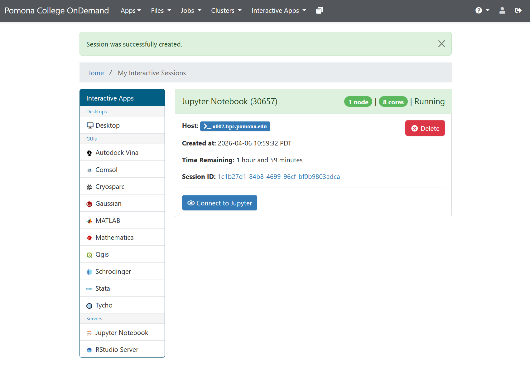 OnDemand session card showing Jupyter Notebook job in Running state with green Connect to Jupyter button