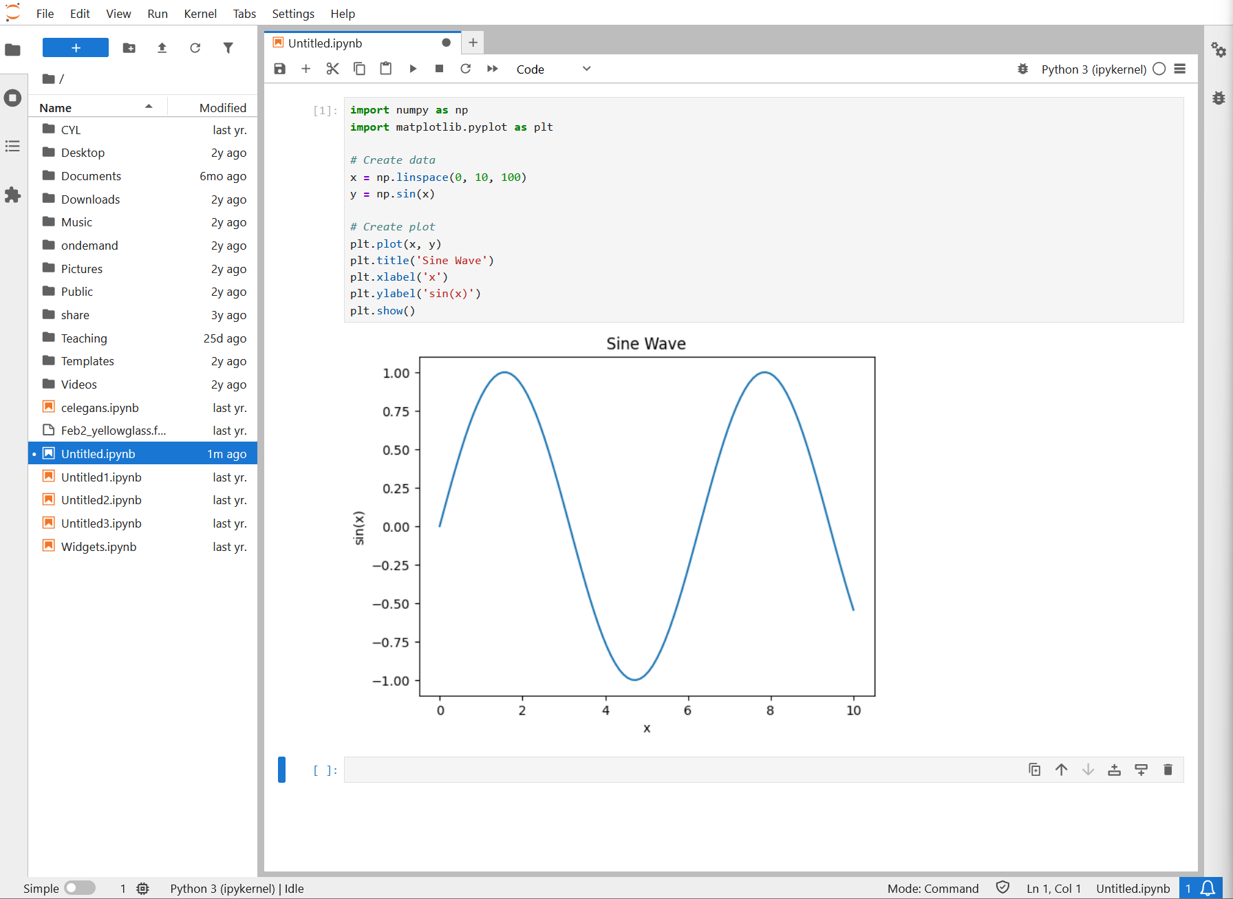 JupyterLab notebook with Python code importing numpy and matplotlib, creating a sine wave plot that displays inline below the code cell