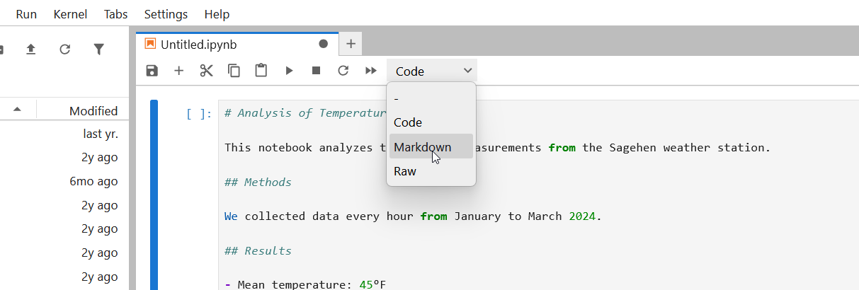 JupyterLab toolbar cell type dropdown menu expanded showing dash, Code, Markdown, and Raw cell type options