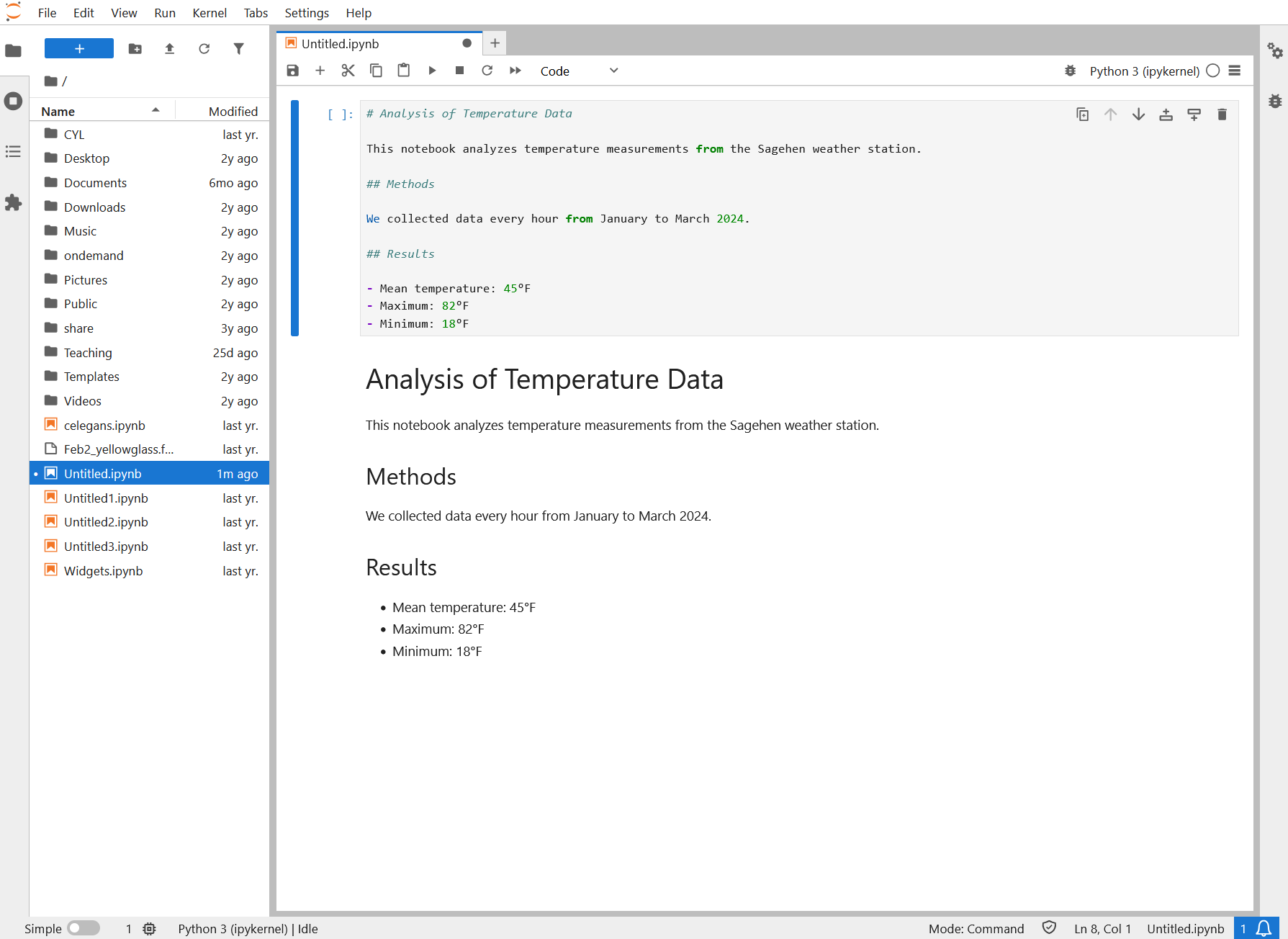 A JupyterLab notebook. The upper cell holds markdown source with a heading, Methods and Results sections and a bullet list. Below it the same cell is shown rendered as formatted text, with Analysis of Temperature Data as a heading, a short paragraph, and bulleted mean, maximum and minimum values.