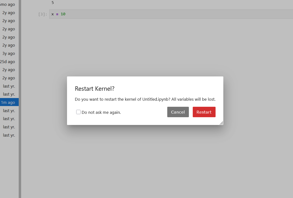 JupyterLab Restart Kernel dialog asking Do you want to restart the kernel of Untitled.ipynb with Cancel and red Restart buttons