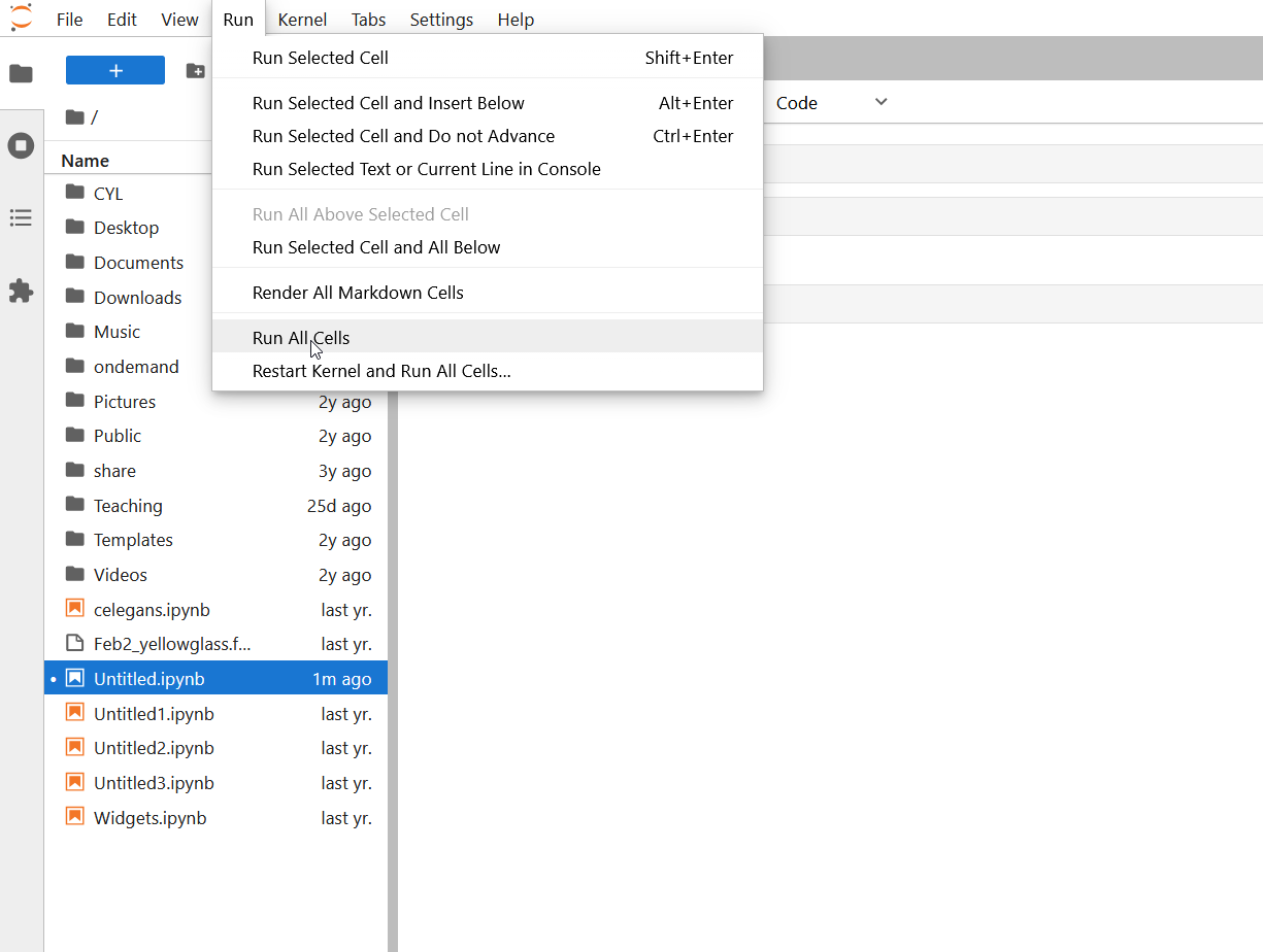 JupyterLab Run menu expanded showing options including Run Selected Cell, Run All Cells, and Restart Kernel and Run All Cells with keyboard shortcuts