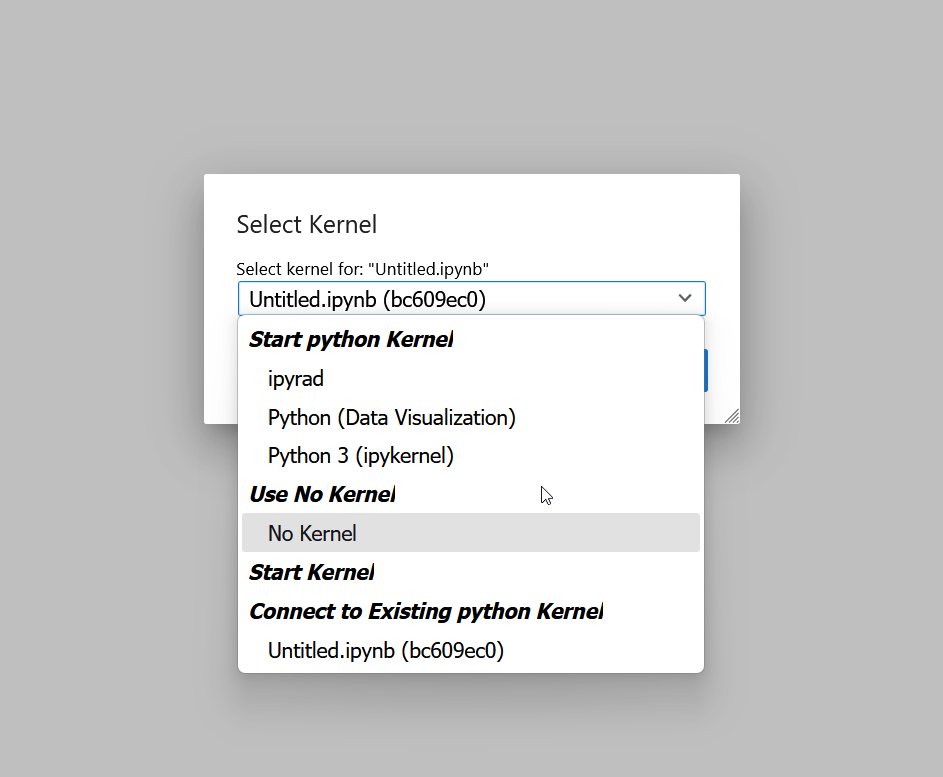 JupyterLab Select Kernel dialog showing available kernels including ipyrad, Python Data Visualization, and Python 3 ipykernel under Start python Kernel section
