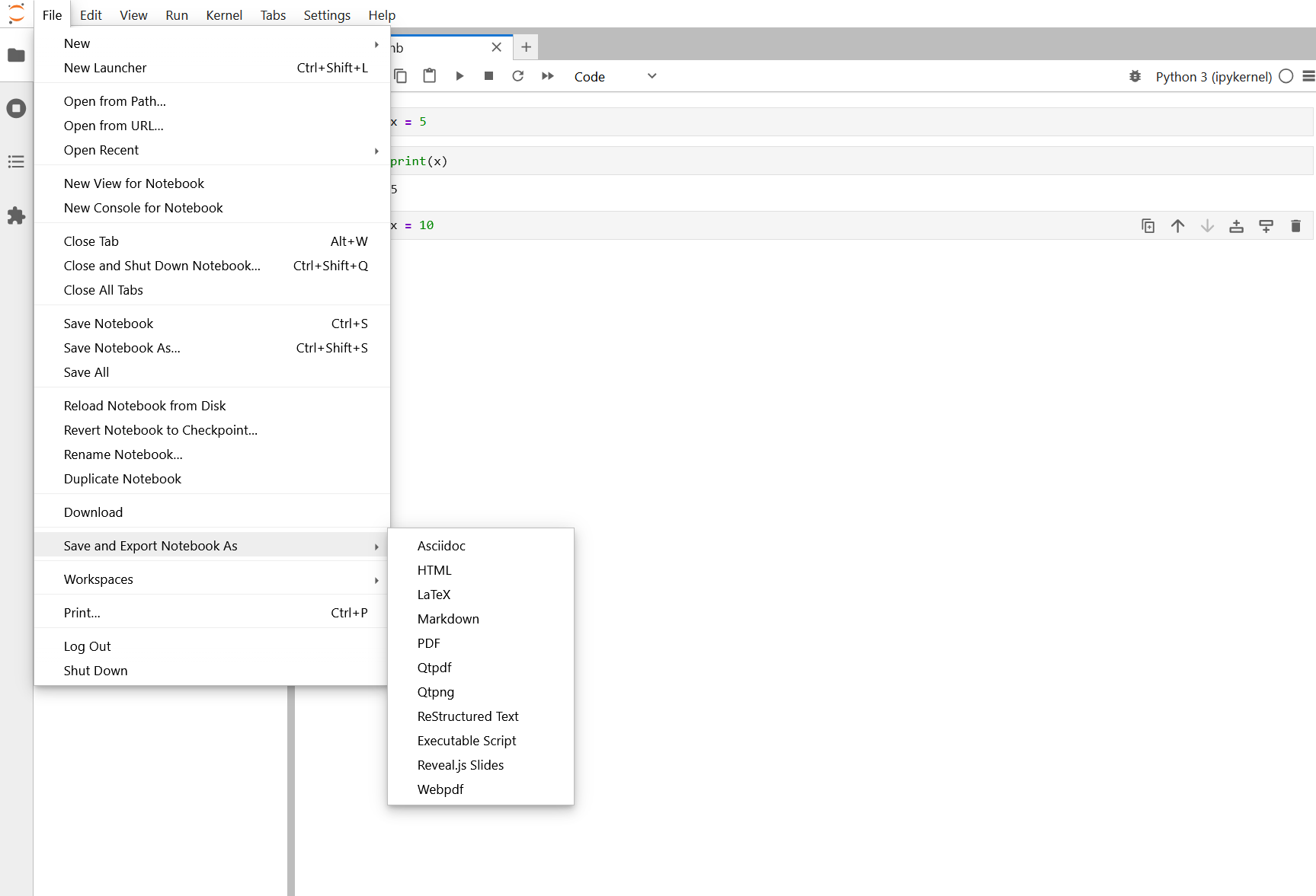 JupyterLab File menu expanded showing Save and Export Notebook As submenu with options including HTML, PDF, Executable Script, and more