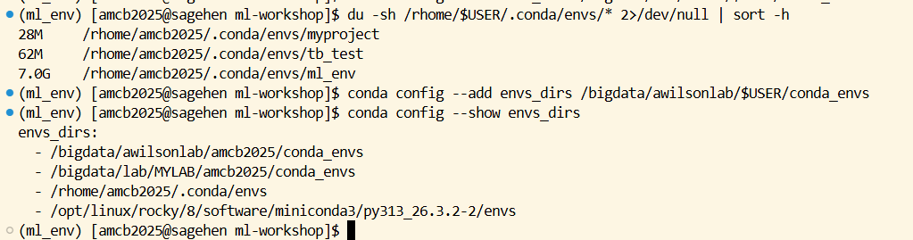 Terminal output of du -sh over the conda envs directory, sorted by size: a 28 megabyte myproject environment, a 62 megabyte tb_test environment, and a 7.0 gigabyte ml_env environment. Below, conda config --add envs_dirs adds a /bigdata path, and conda config --show envs_dirs lists the new /bigdata location ahead of the default /rhome and system miniconda3 directories.