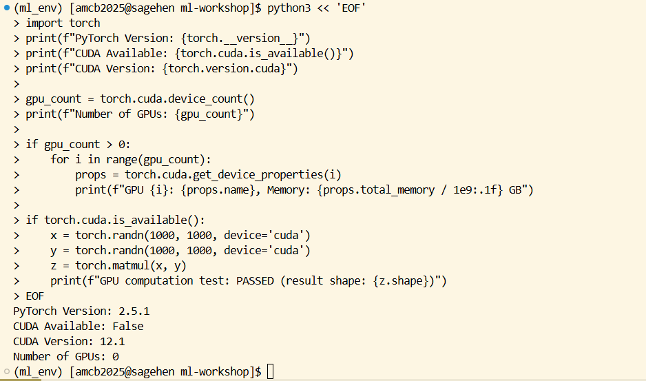 Terminal on Sagehen HPC inside the ml_env conda environment. A heredoc runs a Python script that imports torch and prints the PyTorch version, whether CUDA is available, the CUDA version, and the number of GPUs, then loops over each GPU printing its name and total memory in gigabytes.