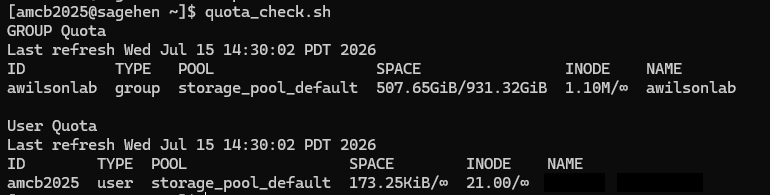 Terminal output of quota_check.sh with two tables. The GROUP Quota table shows a lab group using about 508 GiB of a 931 GiB storage pool with 1.1 million inodes. The User Quota table shows an individual user with a small amount used and no hard per-user limit shown. Both tables include a refresh timestamp.