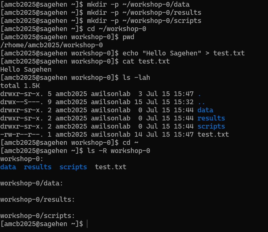 A terminal transcript creating the data, results, and scripts directories under workshop-0 with mkdir -p, with pwd printing the home workshop-0 path. A test.txt containing Hello Sagehen HPC is created and displayed, ls -lah lists the contents, and ls -R shows the recursive tree.