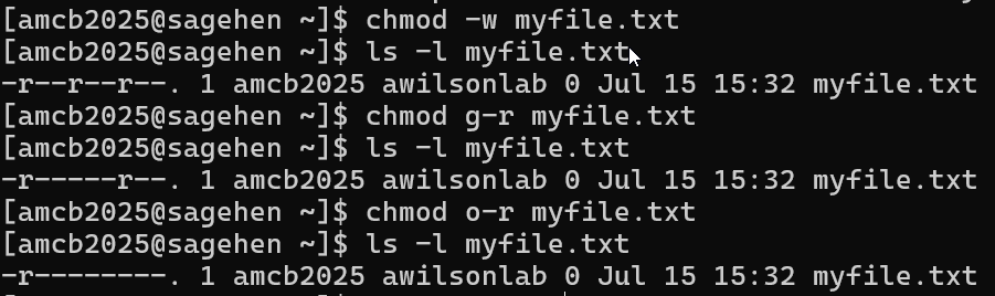 Terminal transcript in which chmod minus w makes a file read-only, chmod g minus r removes group read, and chmod o minus r removes other read. After each command, ls -l shows the permission string shrinking from r--r--r-- down to owner-only.