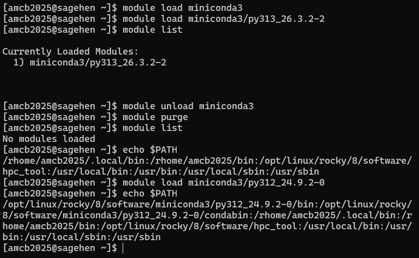 The expected Challenge 1 flow: list, purge, and switch between miniconda3 versions.