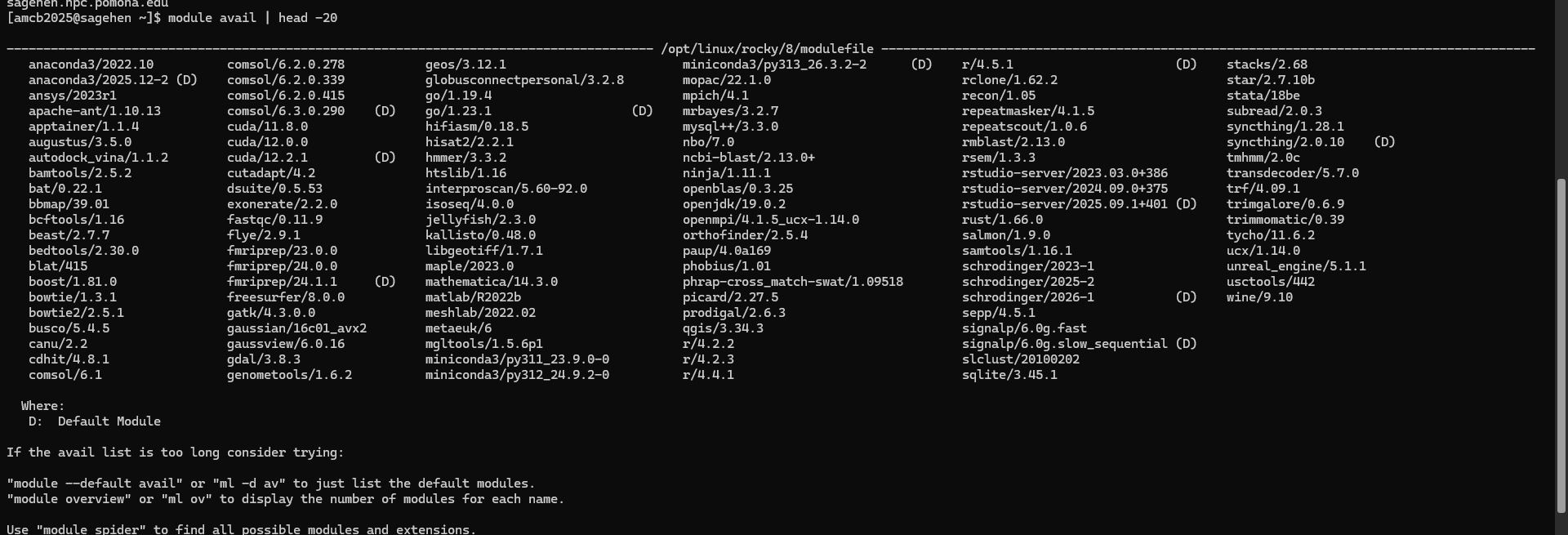 Terminal output of module avail on Sagehen showing a long multi-column list of software modules under /opt/linux/rocky/8/modulefile, including anaconda3, cuda, matlab, openmpi, r, and three miniconda3 versions with py313_26.3.2-2 marked as the default.