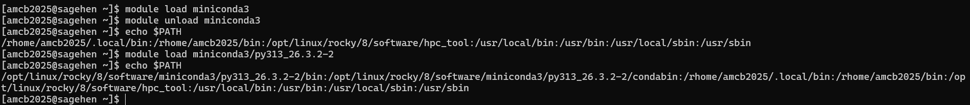 Before and after: loading the miniconda3 module prepends its bin directories to $PATH.