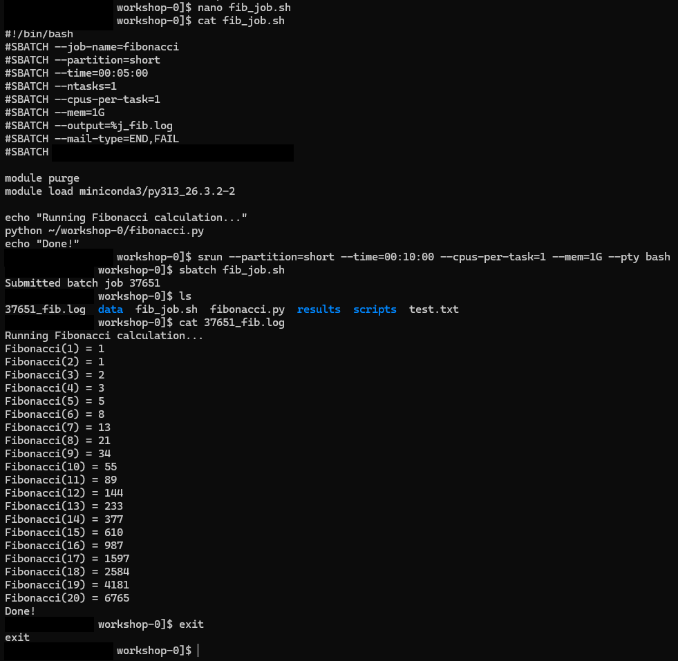 A long terminal transcript. The batch script is shown with cat, an srun command with a ten-minute limit opens an interactive shell and the prompt changes to node a001, sbatch submits the job from there, ls shows the numbered log file, cat prints Fibonacci 1 through 20 ending in 6765 and Done, and exit returns to the head node prompt.