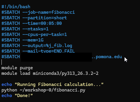 A syntax-highlighted batch script in a text editor. The SBATCH header for the fibonacci job on the short partition now includes mail-type END,FAIL and a mail-user line, above the module purge and miniconda3 load lines and the python command.
