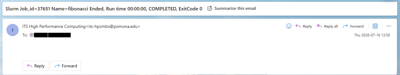 An email client showing a message from ITS High Performance Computing. The subject reads Slurm Job_id 37651, Name fibonacci, Ended, Run time zero seconds, COMPLETED, Exit Code 0. The message body is empty.