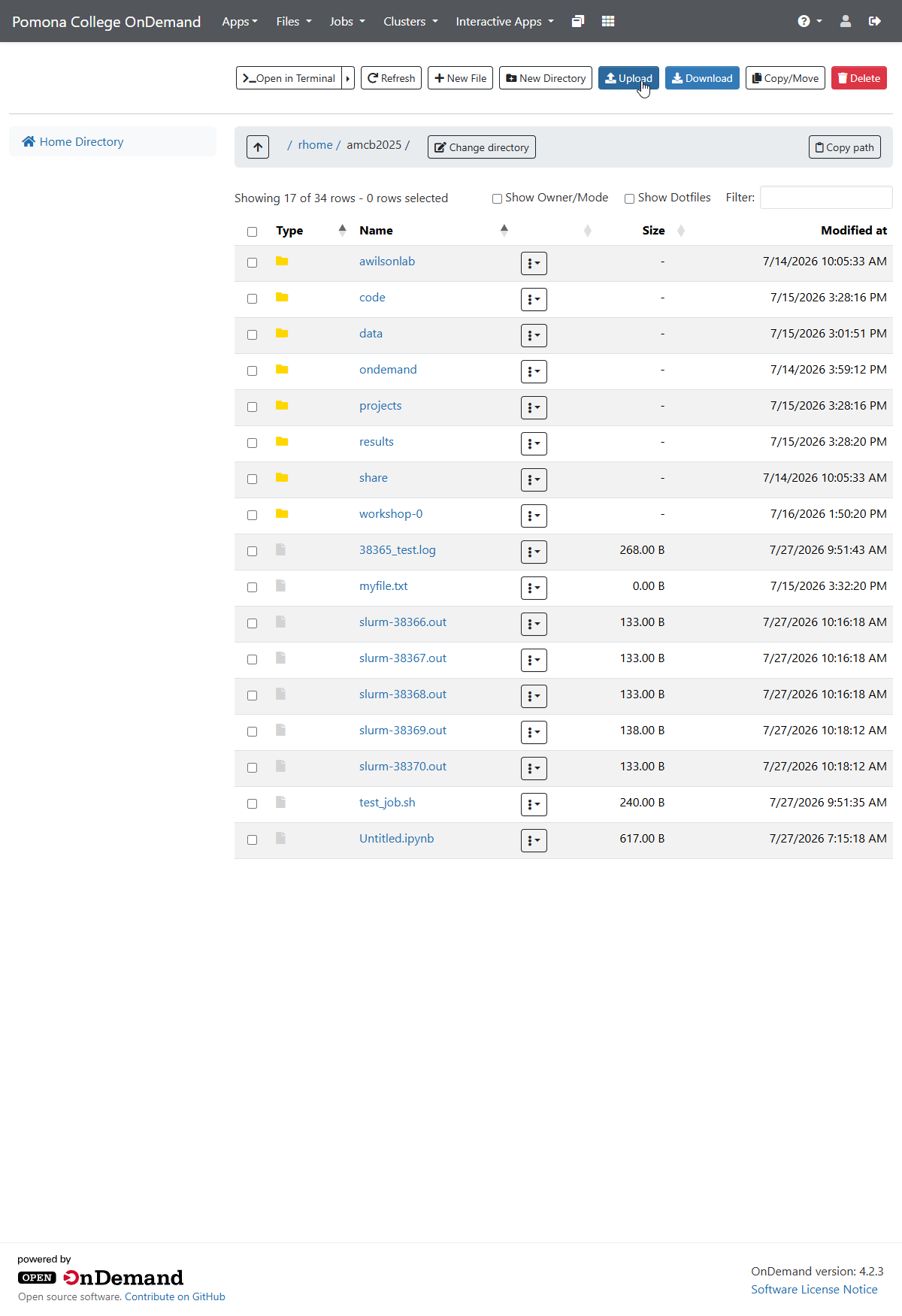 The Pomona College OnDemand Files app showing the home directory. A toolbar across the top offers Open in Terminal, Refresh, New File, New Directory, Upload, Download, Copy Move, and Delete. The listing includes folders such as code, data, and projects plus several slurm output files.