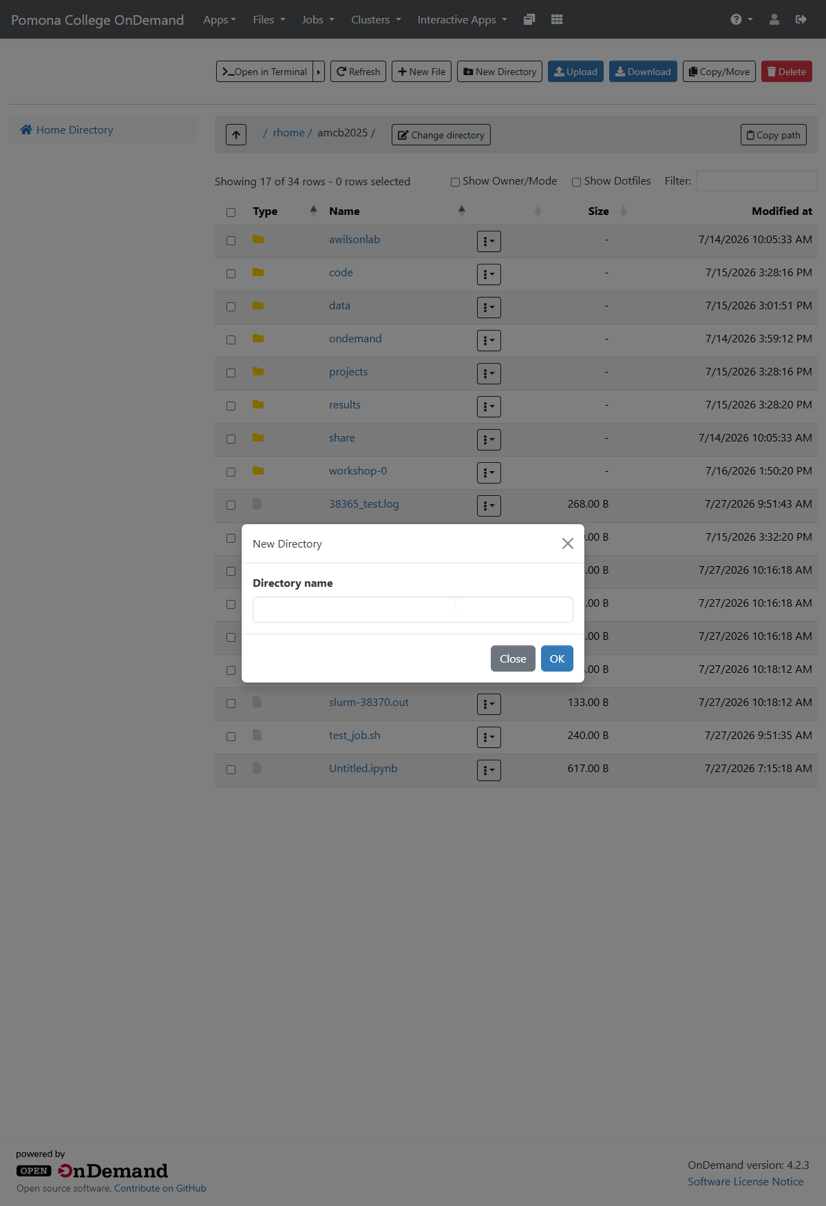 A modal dialog titled New Directory over the OnDemand file manager, containing a single Directory name input field and two buttons, Close and OK.