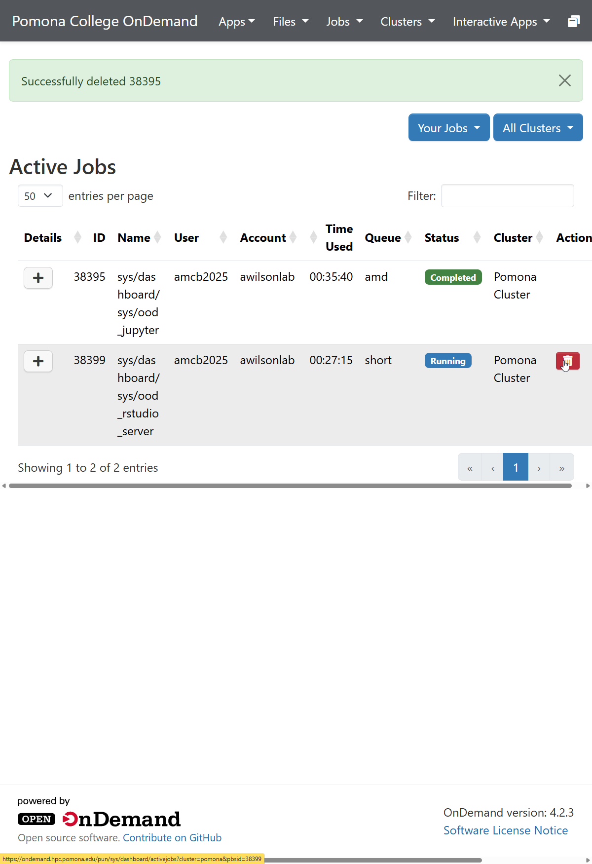 The Pomona College OnDemand Active Jobs page. A green banner reads Successfully deleted 38395. The table lists a completed Jupyter session on the amd queue and a running RStudio Server session on the short queue, and the mouse hovers over a red trash-can button used to cancel the running job.