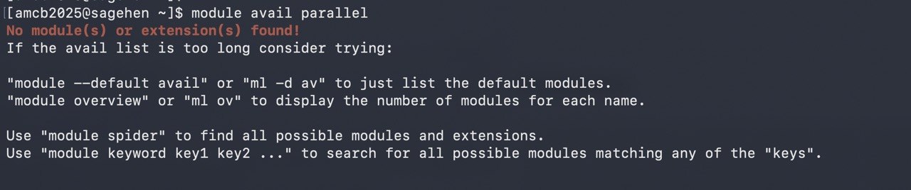 Terminal on Sagehen HPC. The command module avail parallel returns No module(s) or extension(s) found, followed by the usual Lmod suggestions to try module --default avail or module spider.