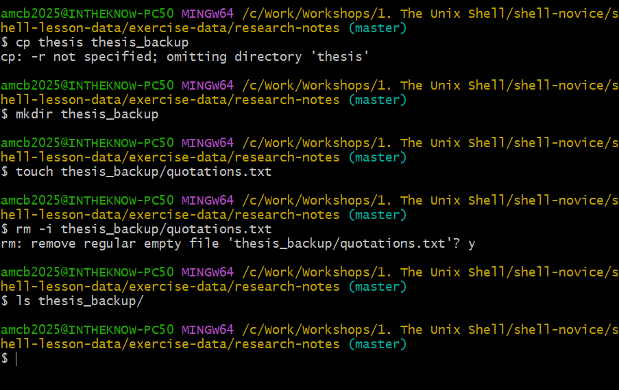 Terminal session where cp without -r fails on a directory, then rm -i prompts remove regular file thesis_backup/quotations.txt before deleting after the user types y. A final ls shows the directory is empty.