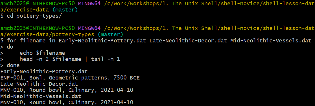 Terminal session in exercise-data/pottery-types. A for loop iterates over three .dat files, echoing each filename and printing the second line of each with head piped to tail.