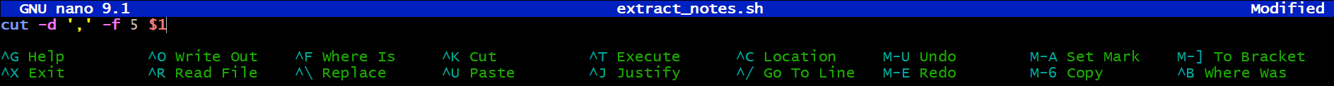 extract_notes.sh open in nano with its single cut command.