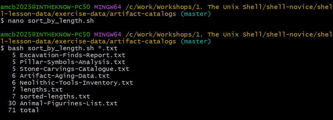 Terminal session where sort_by_length.sh is edited in nano and then run with bash sort_by_length.sh star dot txt, producing the same sorted listing as the manual pipeline, ending with 30 lines for Animal-Figurines-List.txt and 71 total.