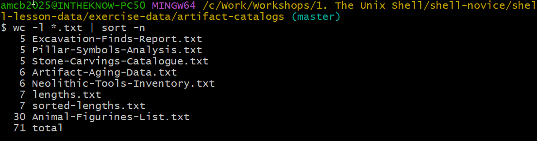 Terminal session running wc -l star dot txt piped to sort -n in artifact-catalogs. Eight text files are listed by ascending line count, including lengths.txt and sorted-lengths.txt created in the earlier episode, with a total of 71 lines.